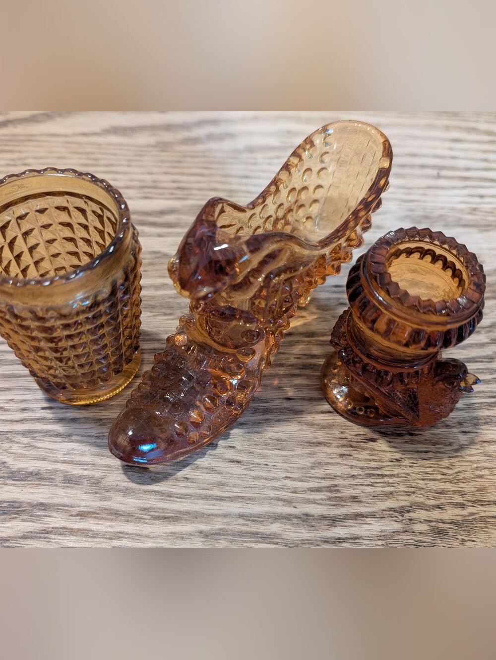 Set of Three Vintage Amber Glass Collectibles: Shoe, 2 Candle Holders